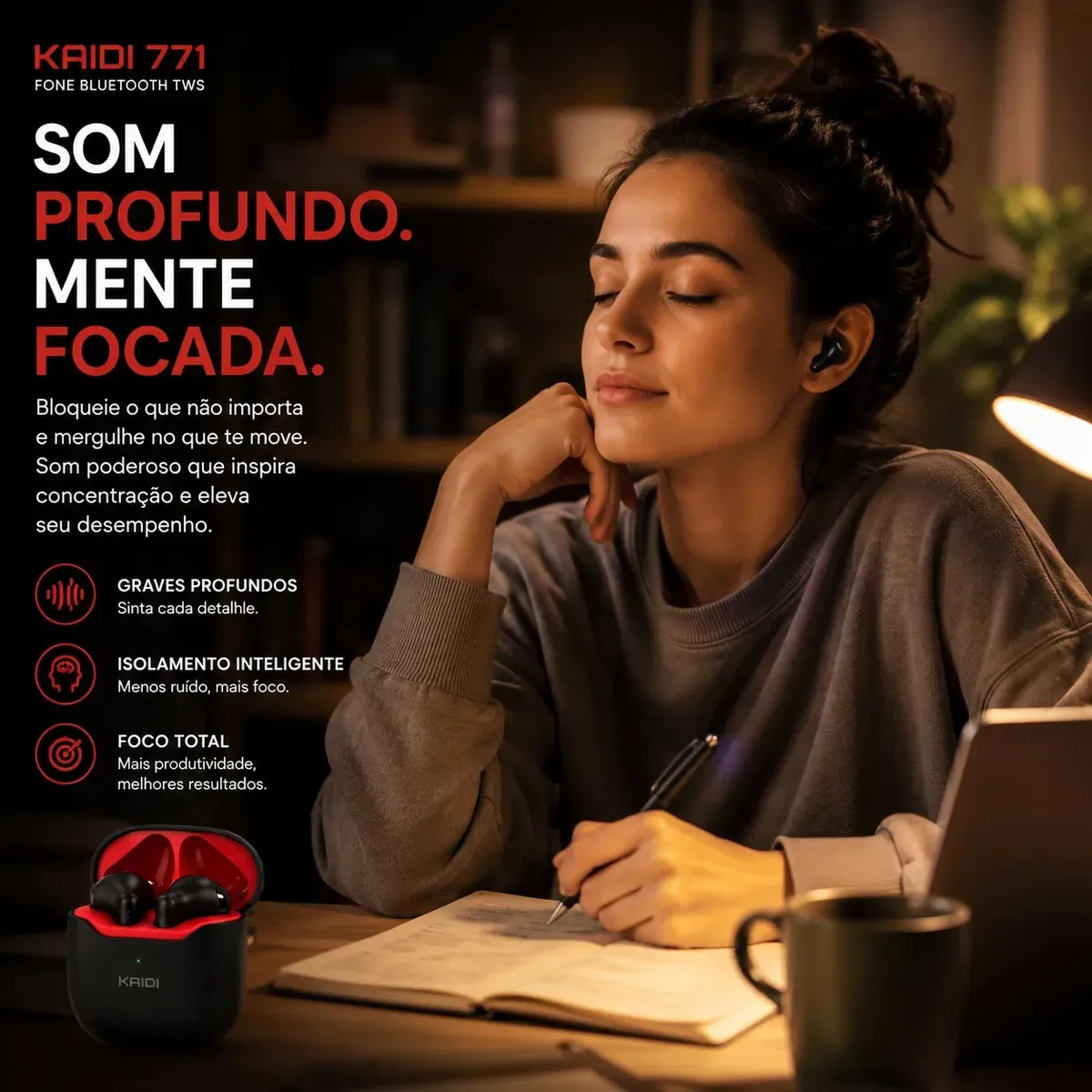 Fone de Ouvido Bluetooth TWS Kaidi KD-771 Sem Fio Preto - Imagem 6