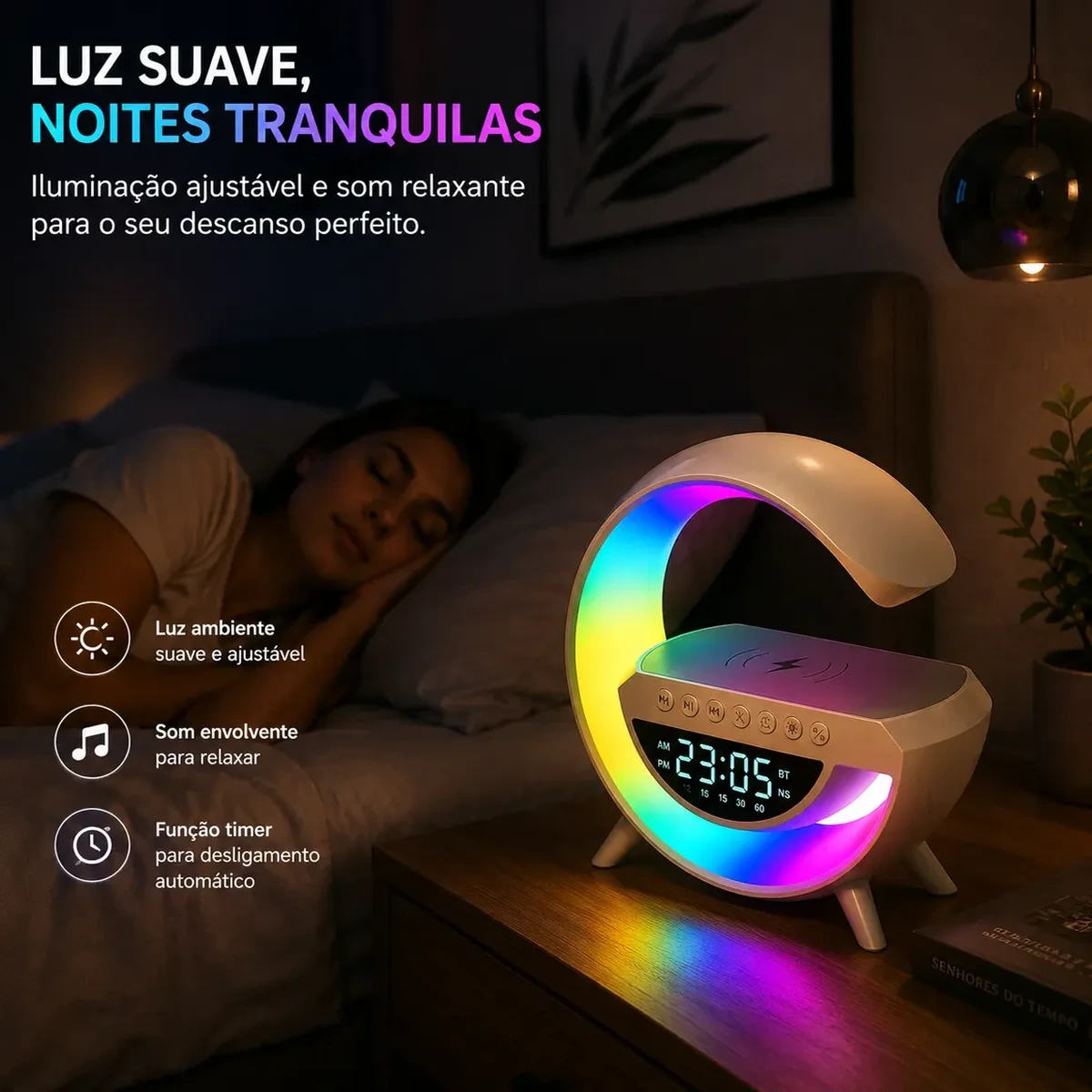 Luminária G Speaker RGB Bluetooth Carregador por Indução Relógio - Imagem 2