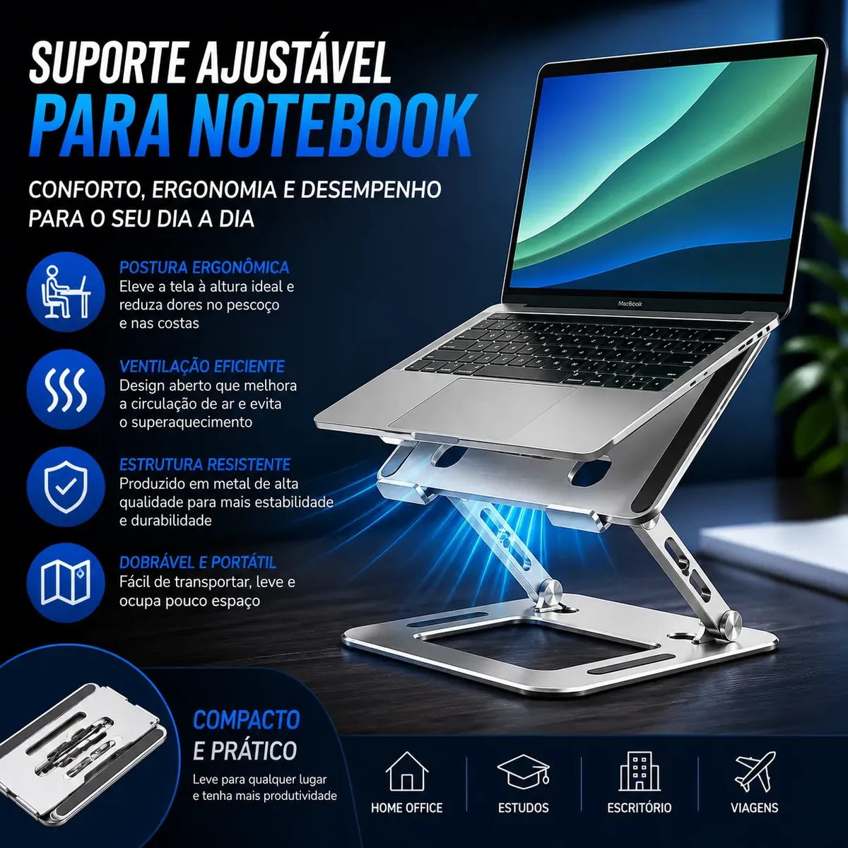 Suporte Para Notebook Em Metal Ajustável Ergonômico Dobrável - Imagem 9