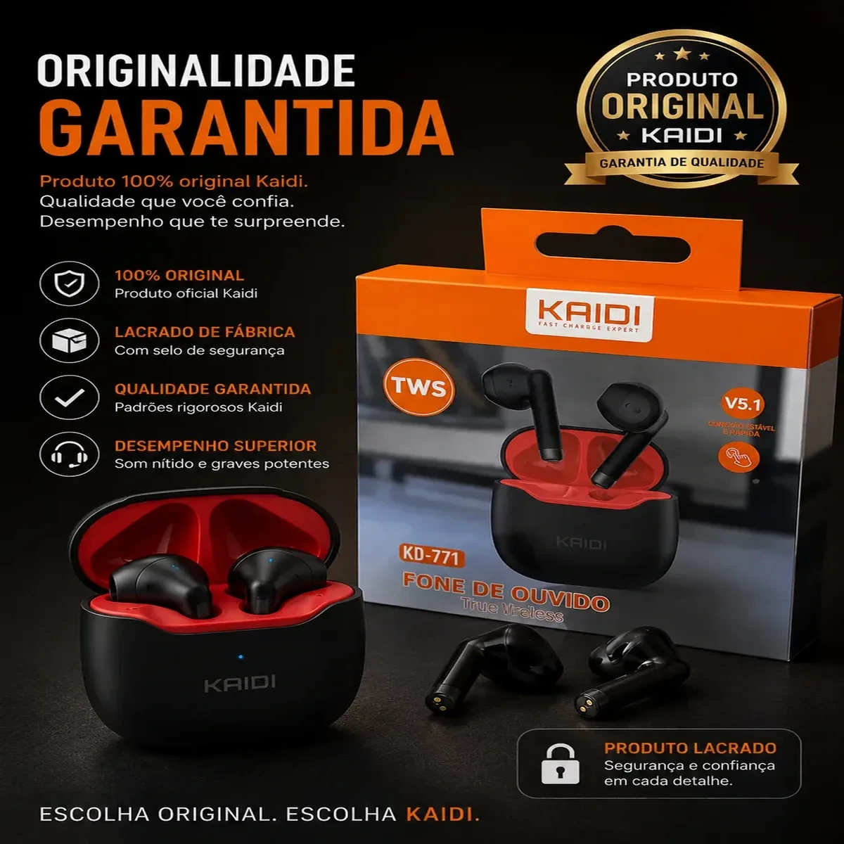 Fone de Ouvido Bluetooth TWS Kaidi KD-771 Sem Fio Preto - Imagem 7