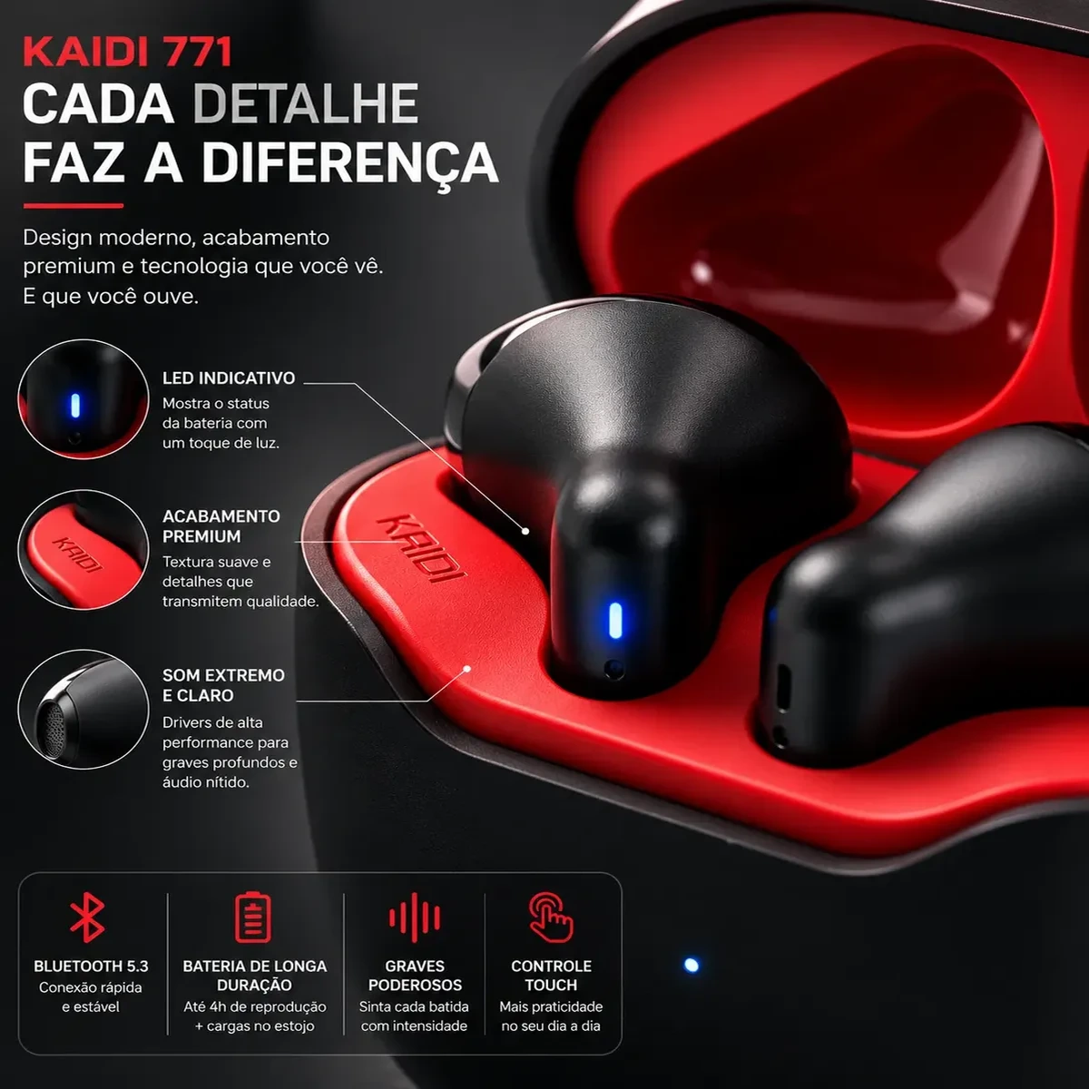 Fone de Ouvido Bluetooth TWS Kaidi KD-771 Sem Fio Preto - Imagem 4