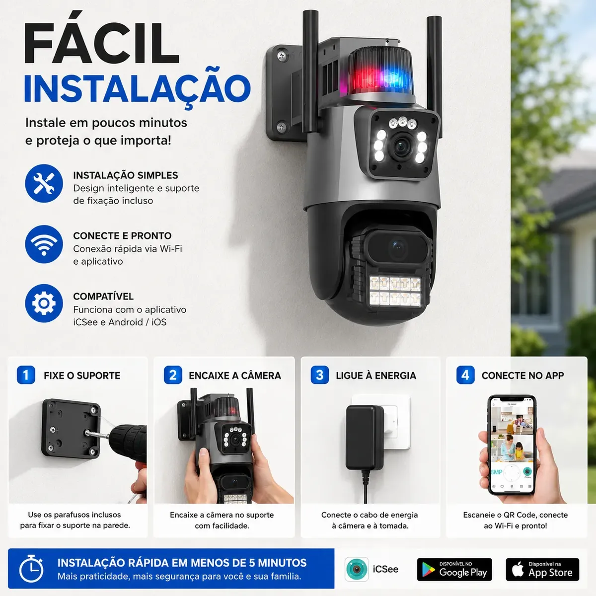 Câmera Segurança Externa Wi-Fi Lente Dupla 4K 6MP Sirene Policial - Imagem 4