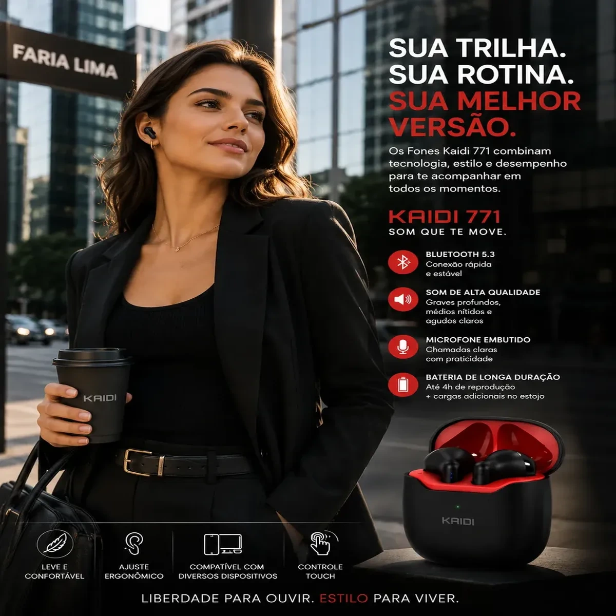 Fone de Ouvido Bluetooth TWS Kaidi KD-771 Sem Fio Preto - Imagem 5