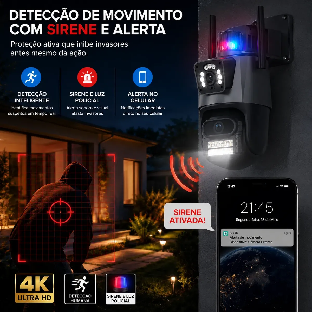 Câmera Segurança Externa Wi-Fi Lente Dupla 4K 6MP Sirene Policial - Imagem 7