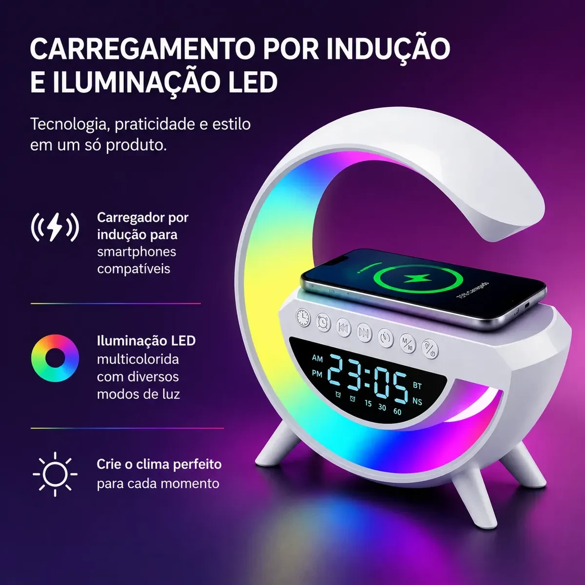 Luminária G Speaker RGB Bluetooth Carregador por Indução Relógio - Imagem 4