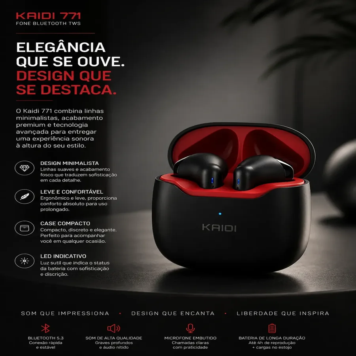 Fone de Ouvido Bluetooth TWS Kaidi KD-771 Sem Fio Preto - Imagem 2