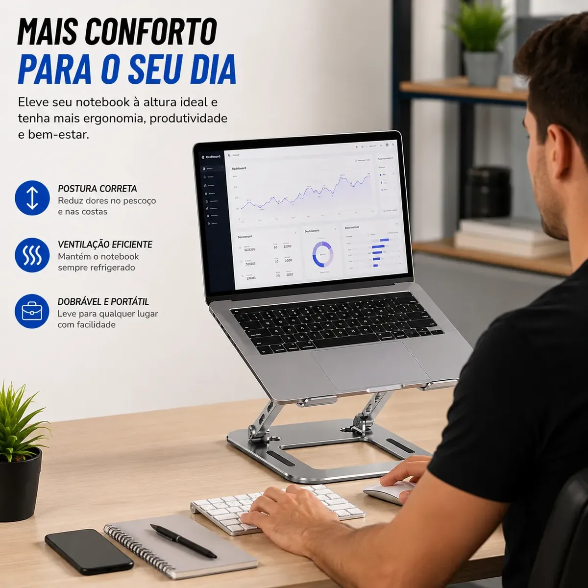 Suporte Para Notebook Em Metal Ajustável Ergonômico Dobrável - Imagem 8