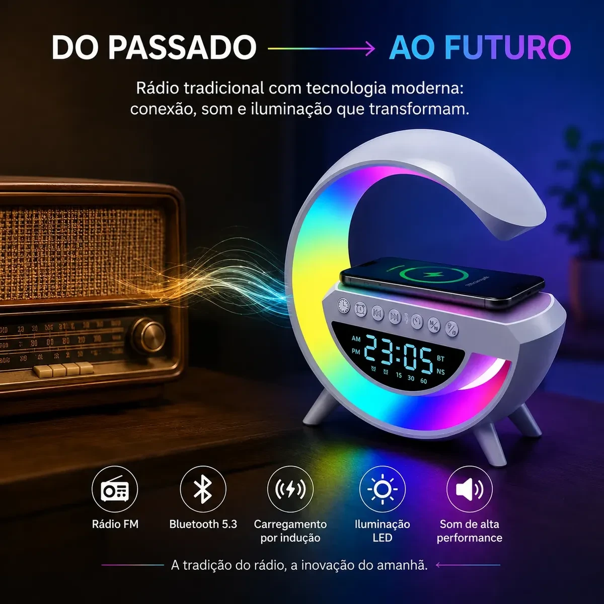 Luminária G Speaker RGB Bluetooth Carregador por Indução Relógio - Imagem 6