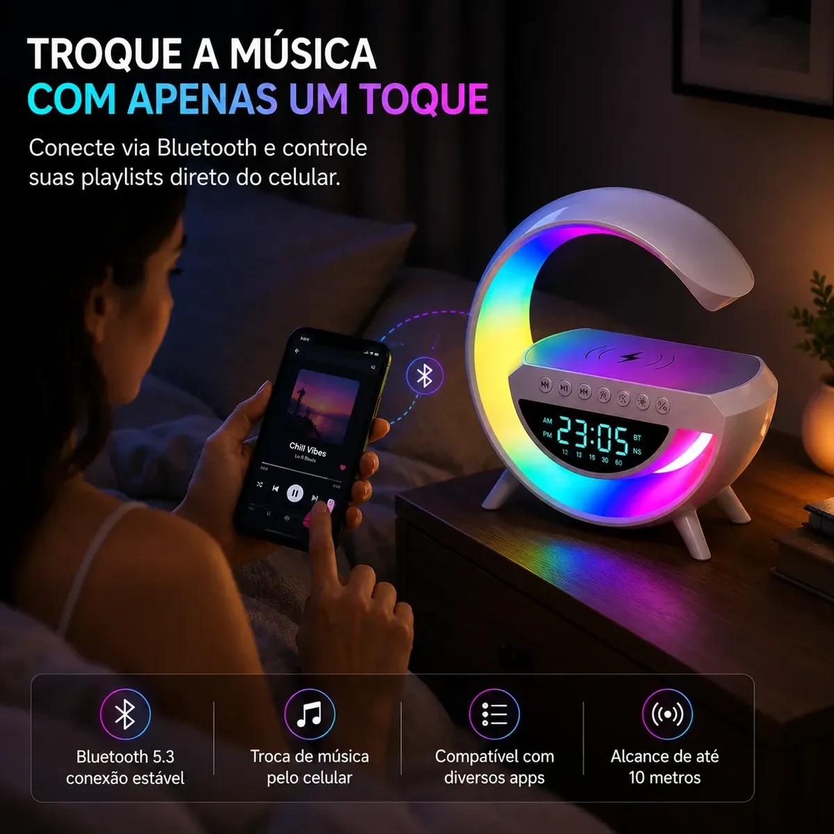 Luminária G Speaker RGB Bluetooth Carregador por Indução Relógio - Imagem 7