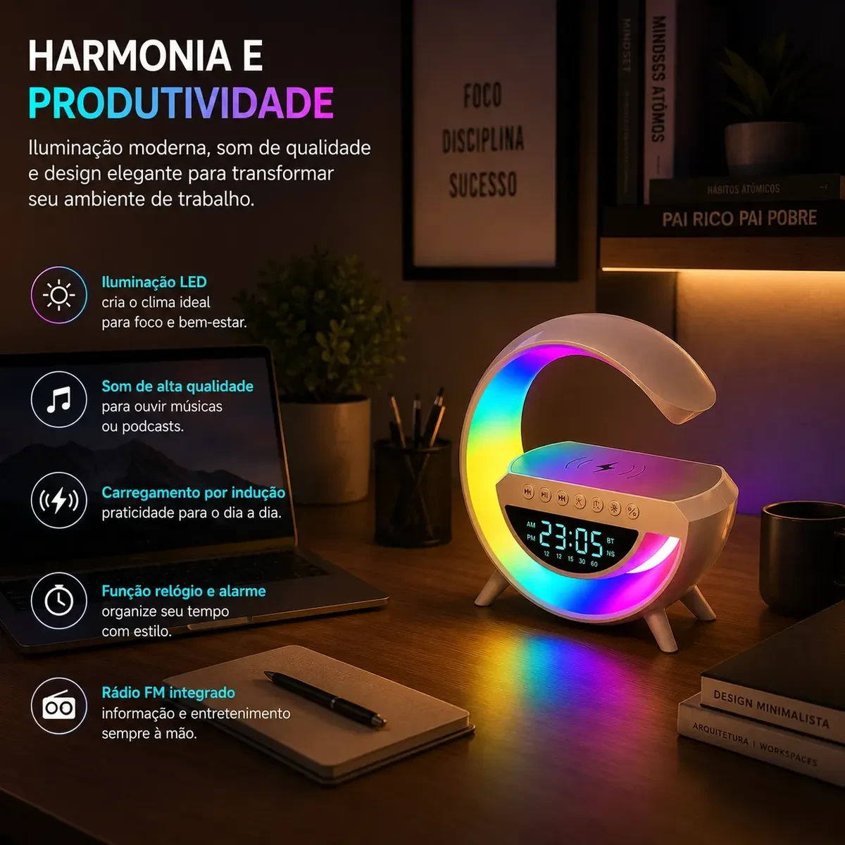 Luminária G Speaker RGB Bluetooth Carregador por Indução Relógio - Imagem 3