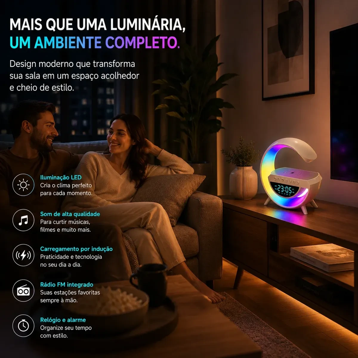 Luminária G Speaker RGB Bluetooth Carregador por Indução Relógio - Imagem 5