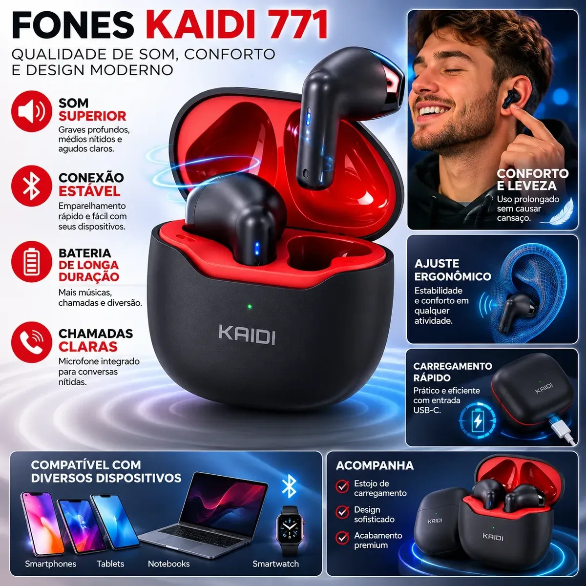 Fone de Ouvido Bluetooth TWS Kaidi KD-771 Sem Fio Preto - Imagem 3