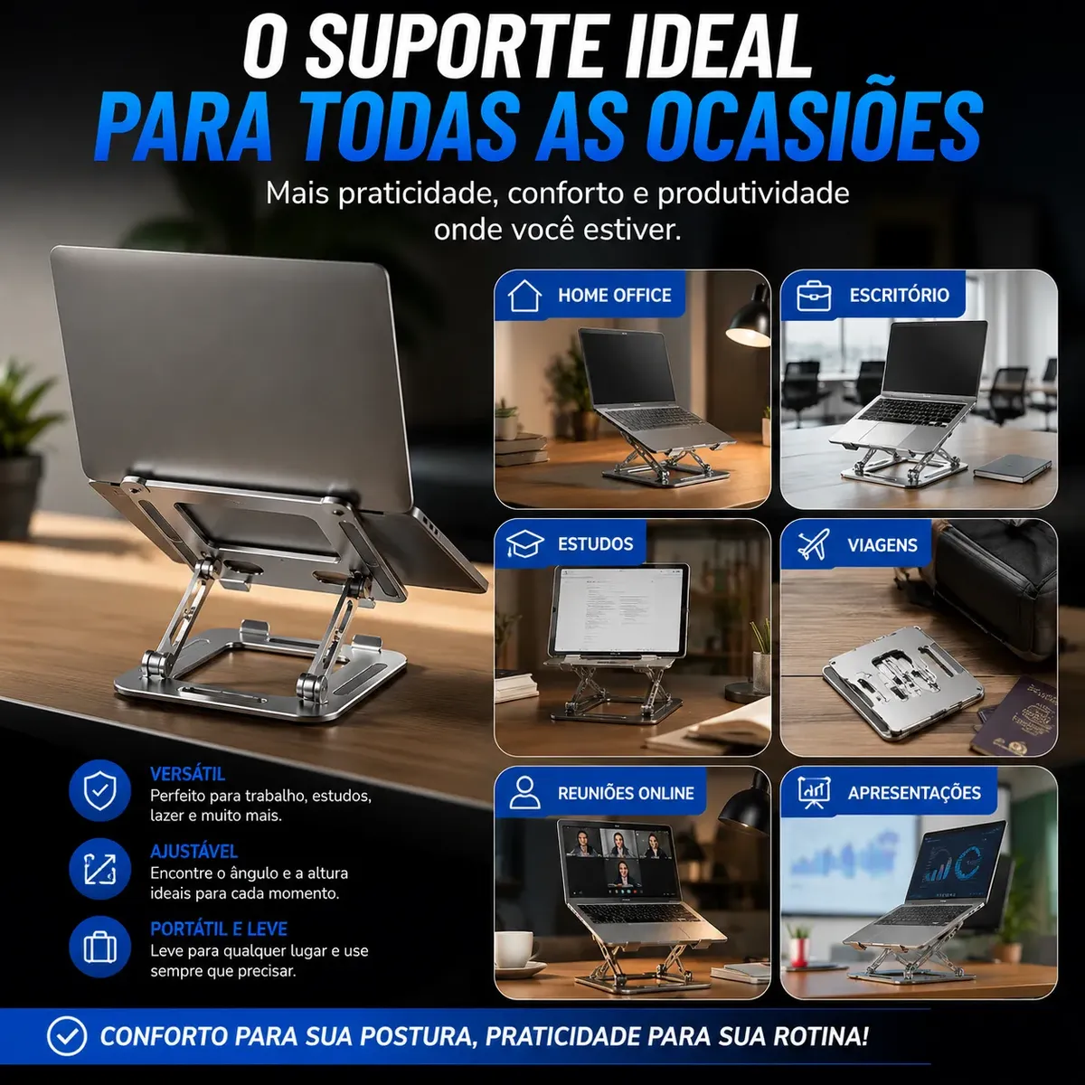 Suporte Para Notebook Em Metal Ajustável Ergonômico Dobrável - Imagem 6