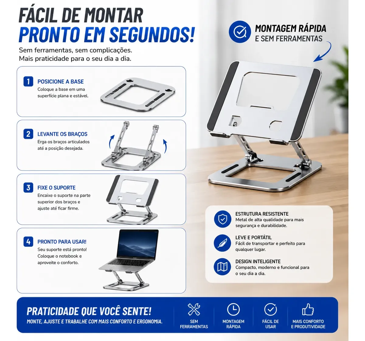 Suporte Para Notebook Em Metal Ajustável Ergonômico Dobrável - Imagem 5
