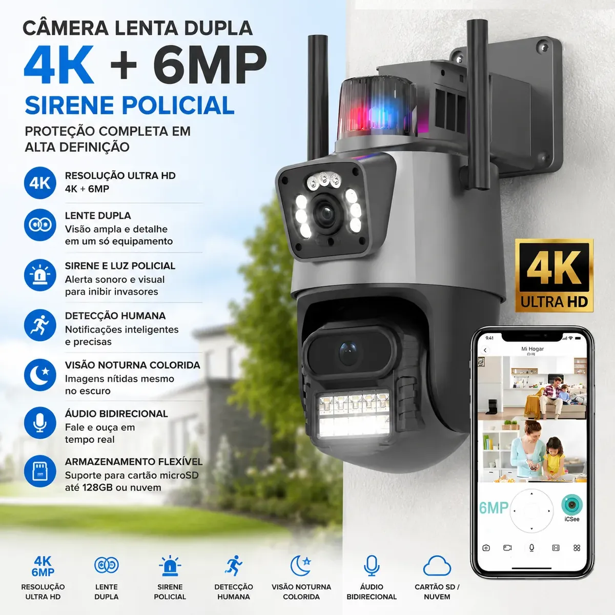 Câmera Segurança Externa Wi-Fi Lente Dupla 4K 6MP Sirene Policial - Imagem 8