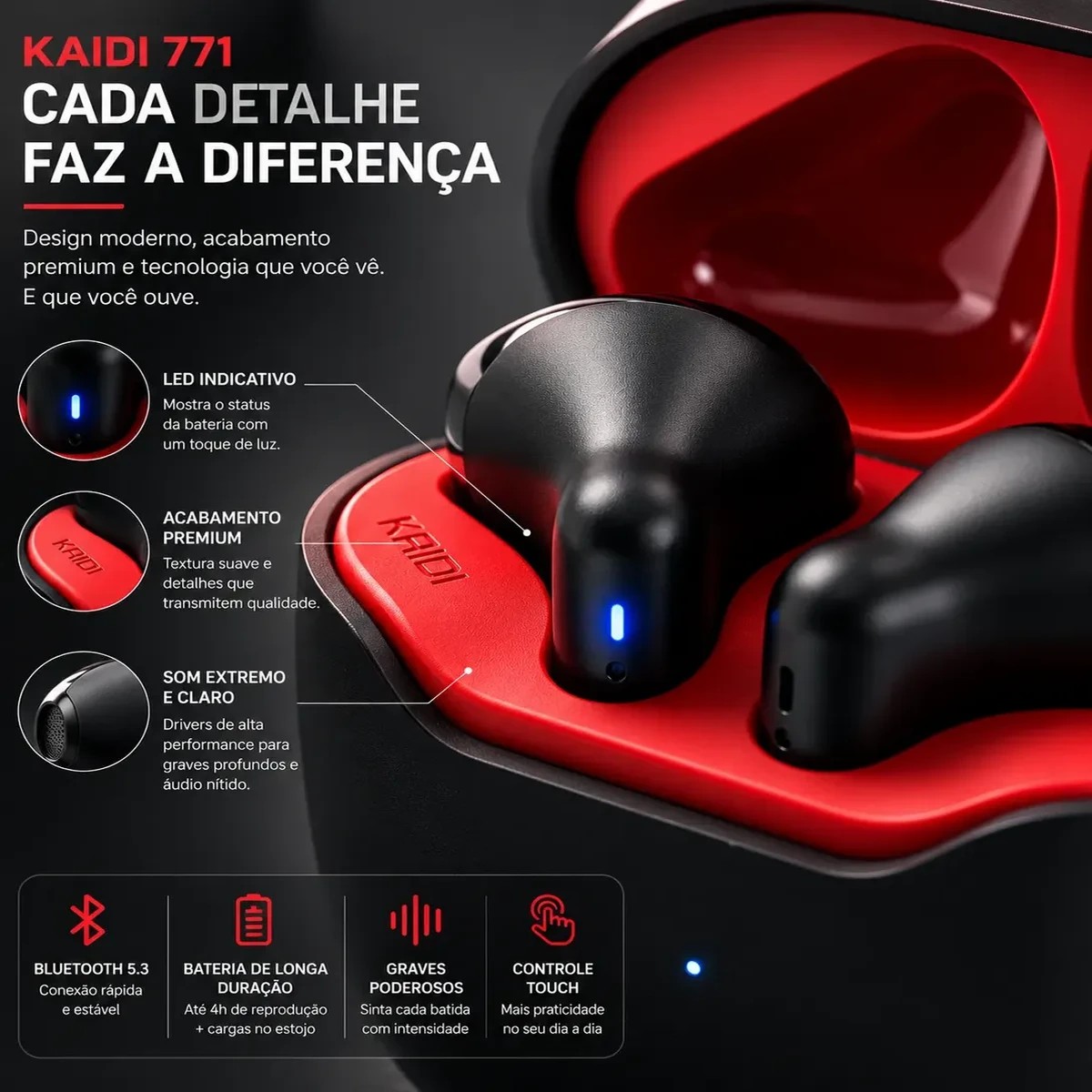 Fone de Ouvido Bluetooth TWS Kaidi KD-771 Sem Fio Preto - Imagem 4