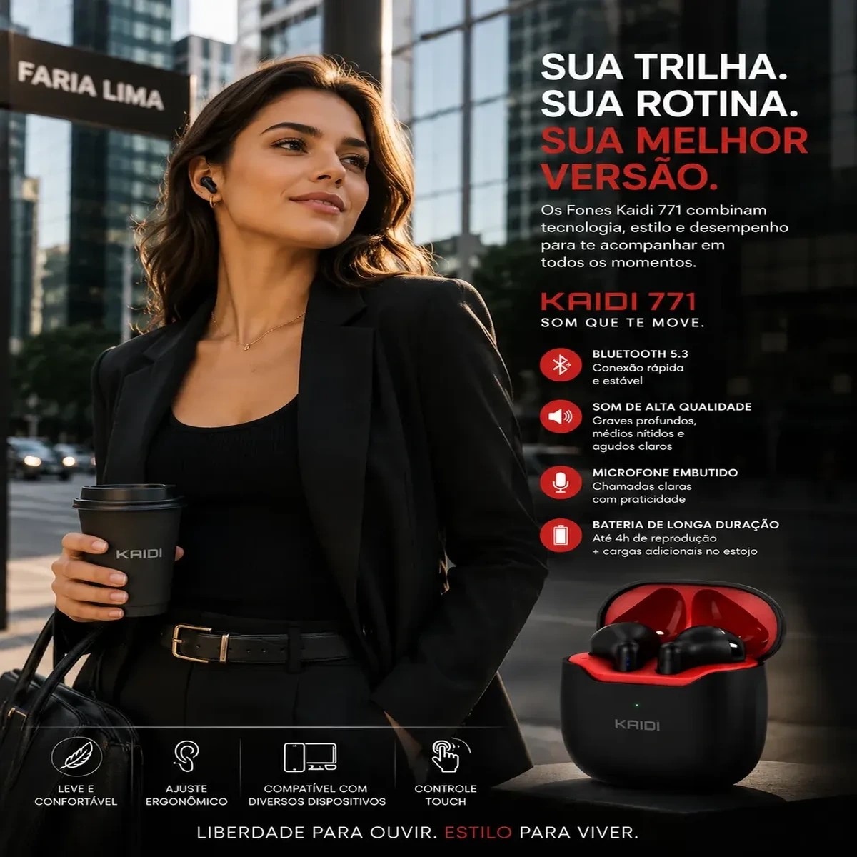 Fone de Ouvido Bluetooth TWS Kaidi KD-771 Sem Fio Preto - Imagem 5