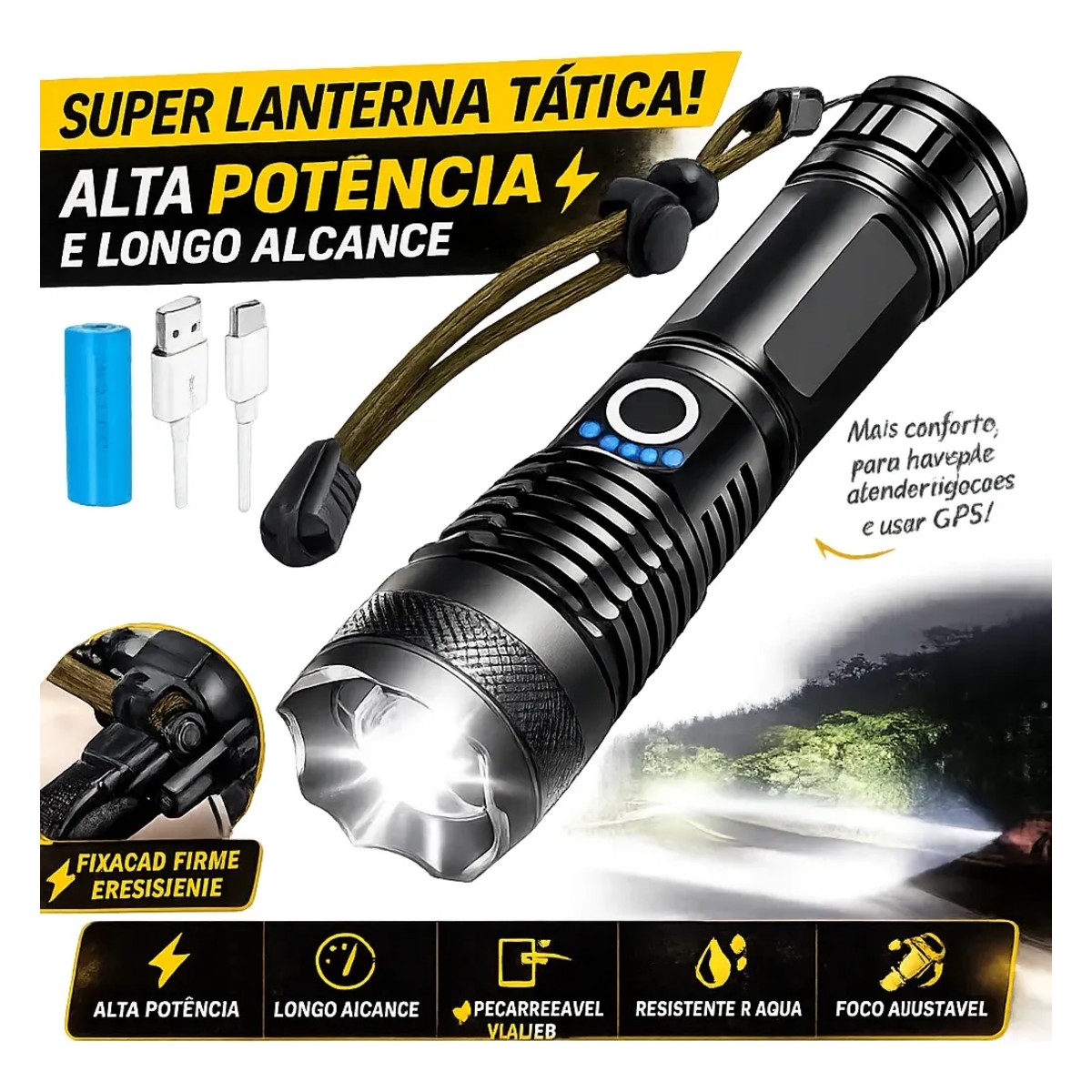 Lanterna Tática Militar LED Recarregável USB Alta Potência - Imagem 3