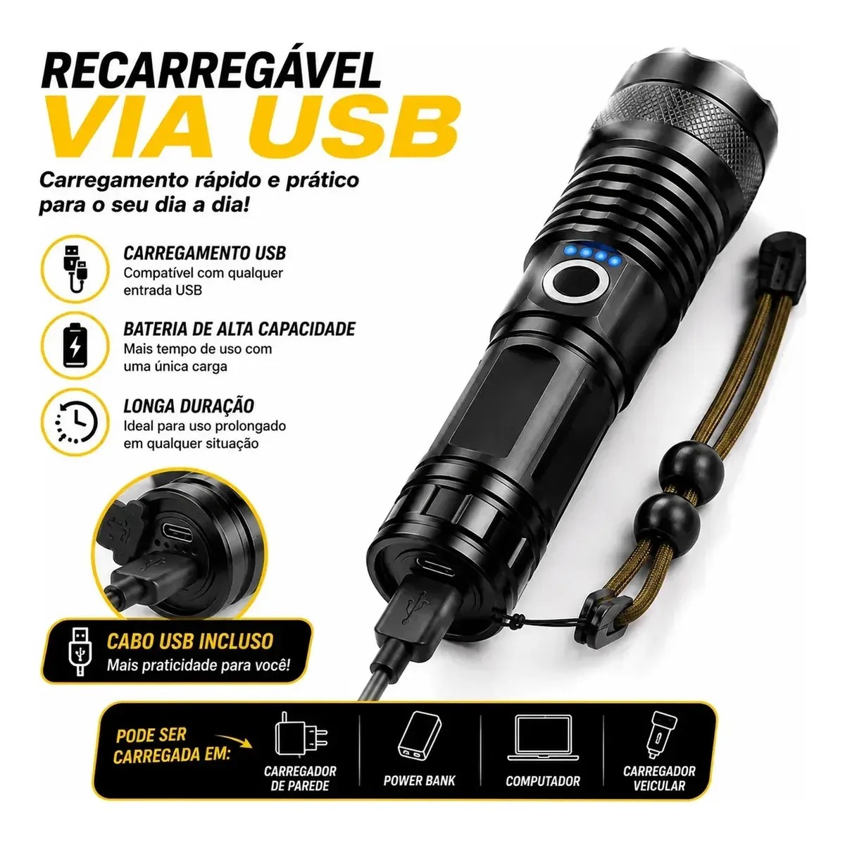 Lanterna Tática Militar LED Recarregável USB Alta Potência - Imagem 4