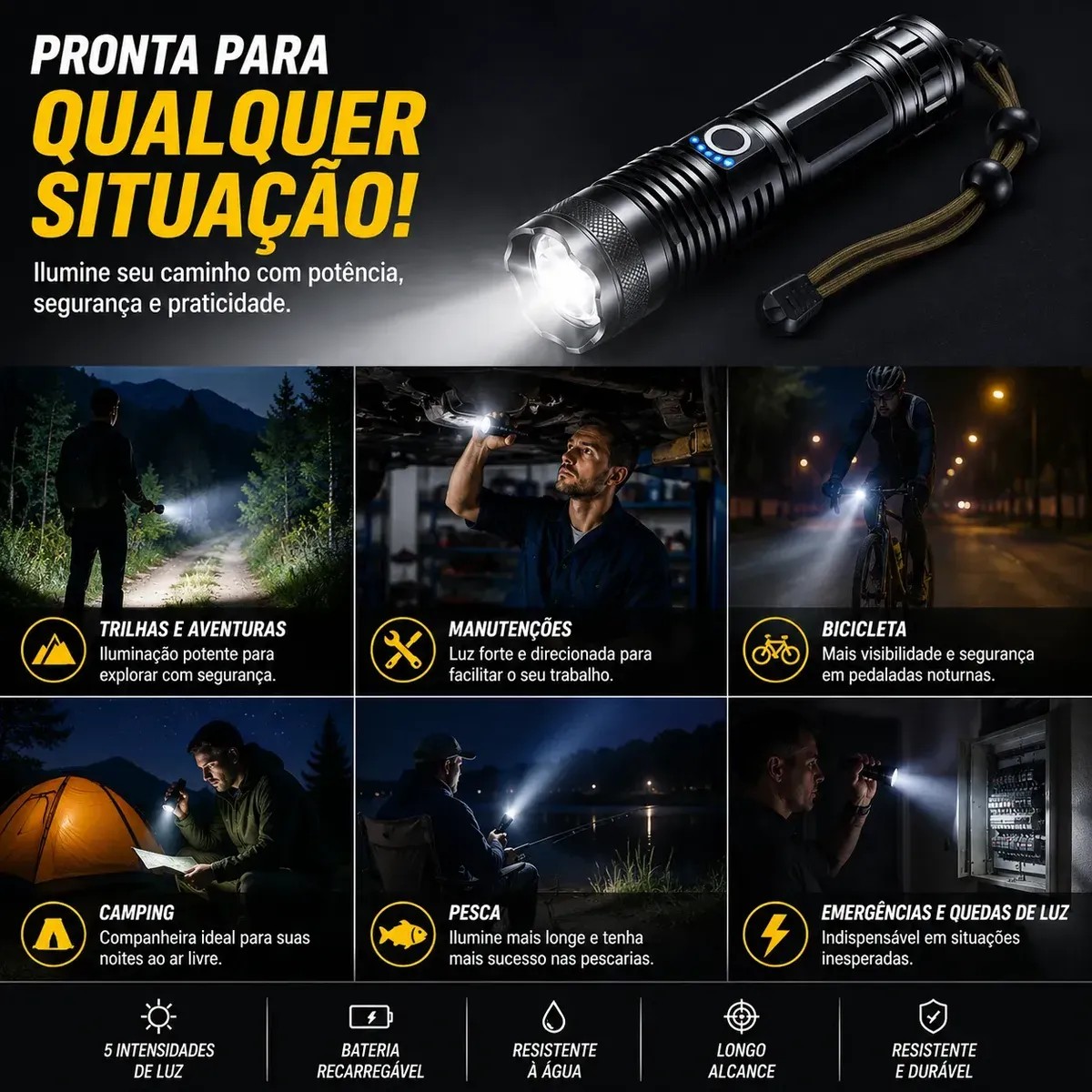 Lanterna Tática Militar LED Recarregável USB Alta Potência - Imagem 5