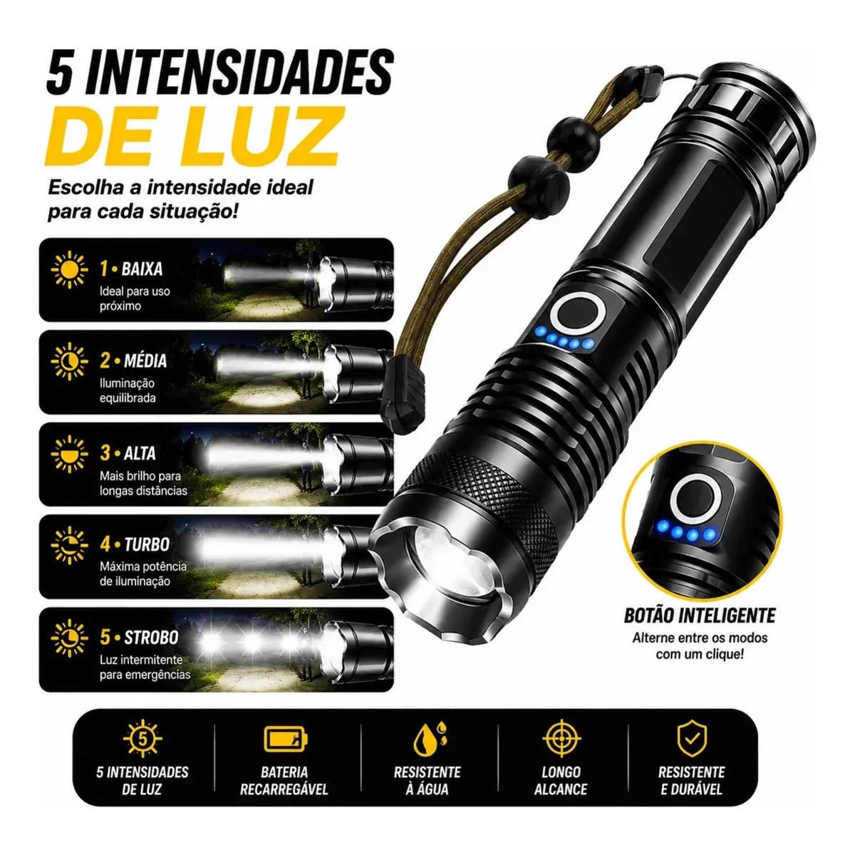 Lanterna Tática Militar LED Recarregável USB Alta Potência - Imagem 6