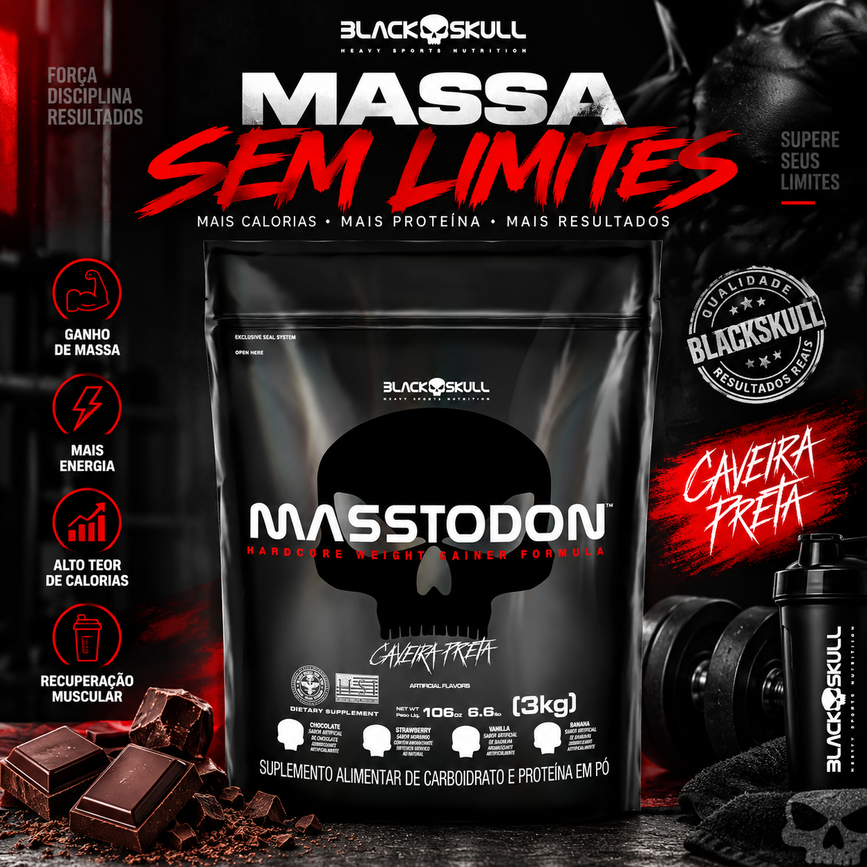 MassTodon 3kg Black Skull Hardcore Weight Gainer Hipercalórico - ganho de massa - Imagem 6