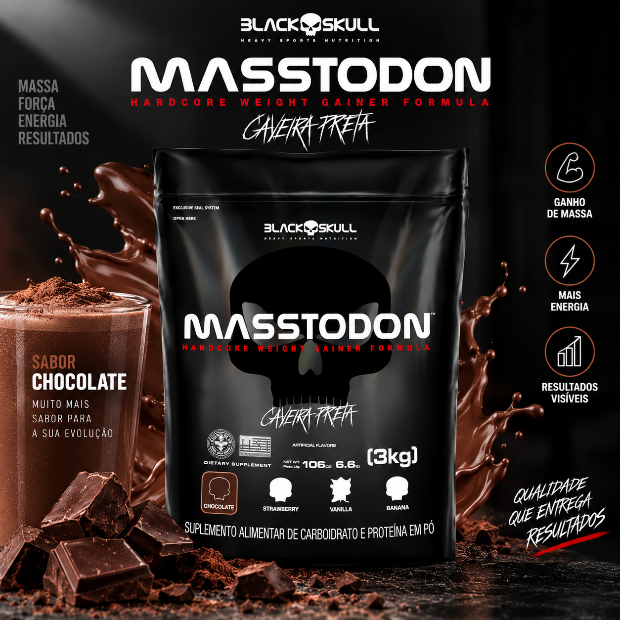 MassTodon 3kg Black Skull Hardcore Weight Gainer Hipercalórico - ganho de massa - Imagem 4